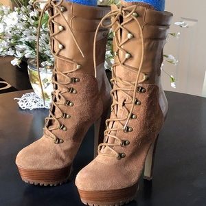 ❤️🏆HP🏆BEBE TAN SUEDE PLATFORM HEELED BOOTS